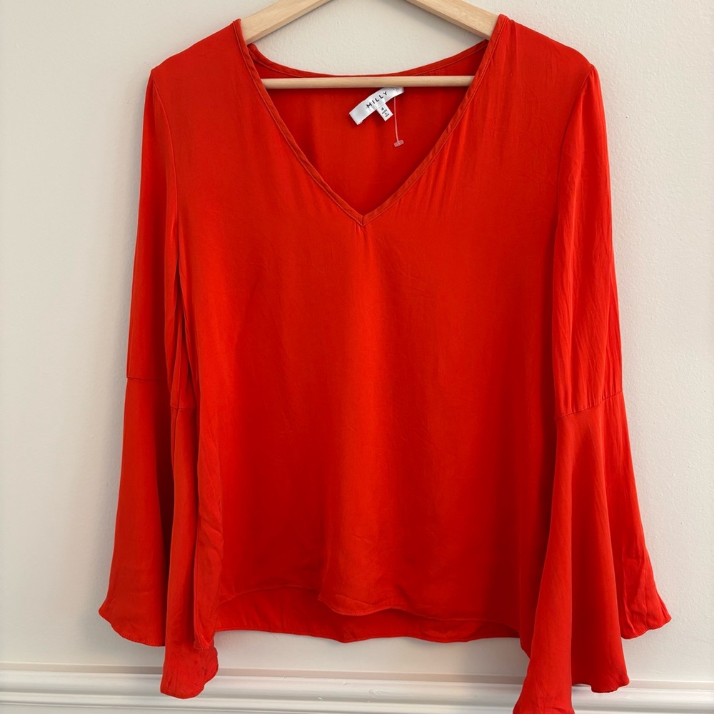 Milly Vibrant Red/Orange V-Neck silk Blouse